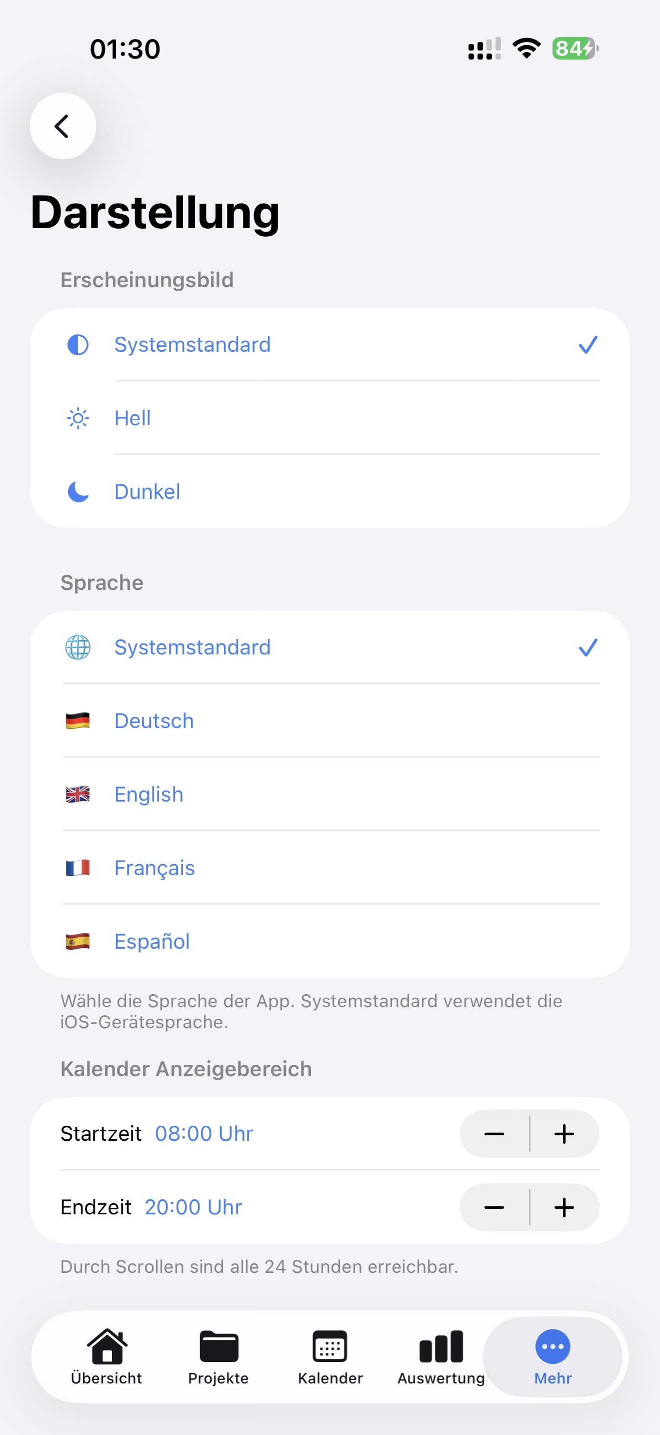 Timenor Darstellung mit Sprache und Kalenderbereich