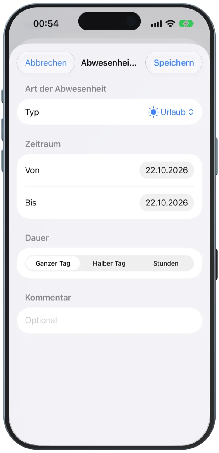 Neue Abwesenheit mit Typ Urlaub, Zeitraum und Dauer ganztägig, halber Tag oder stundenweise