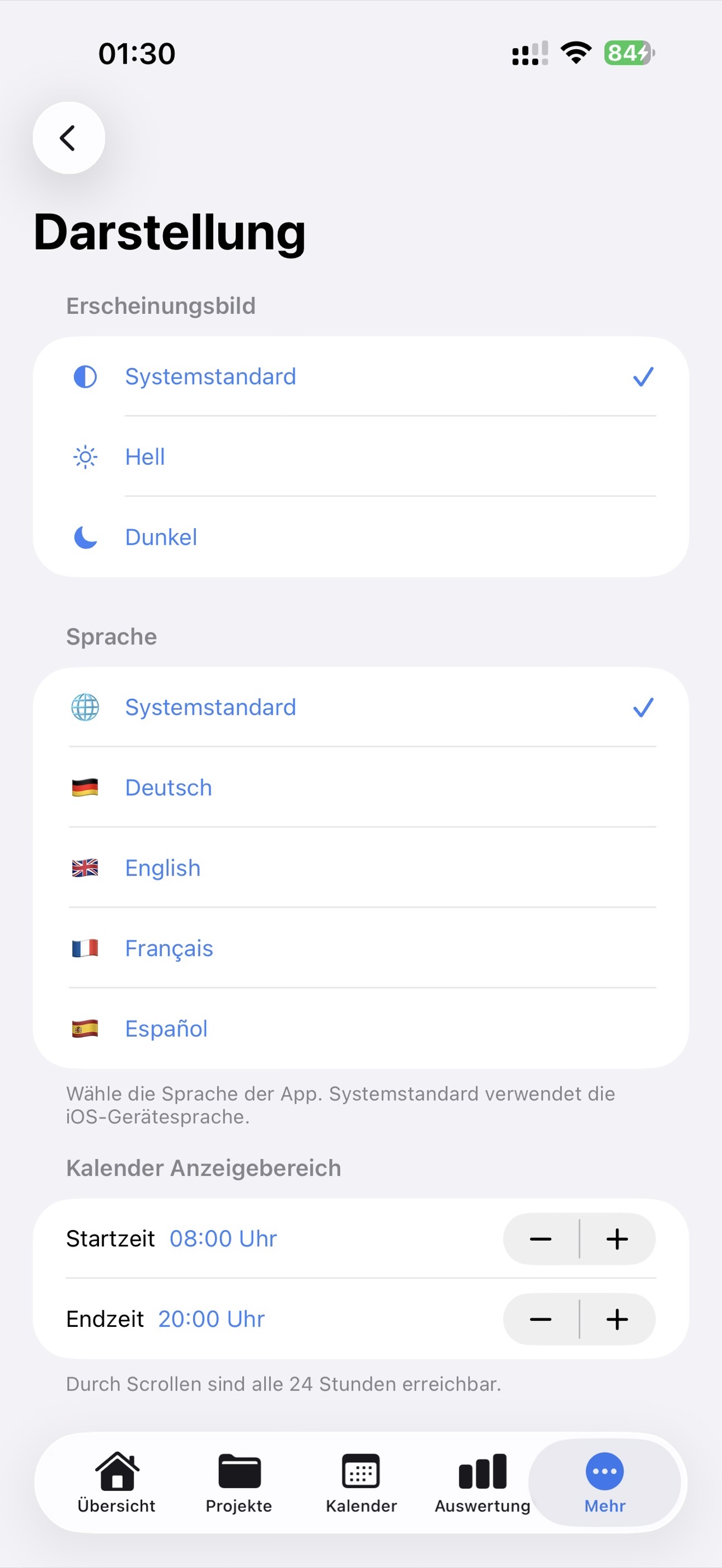 Timenor Darstellung mit Sprache und Kalenderbereich