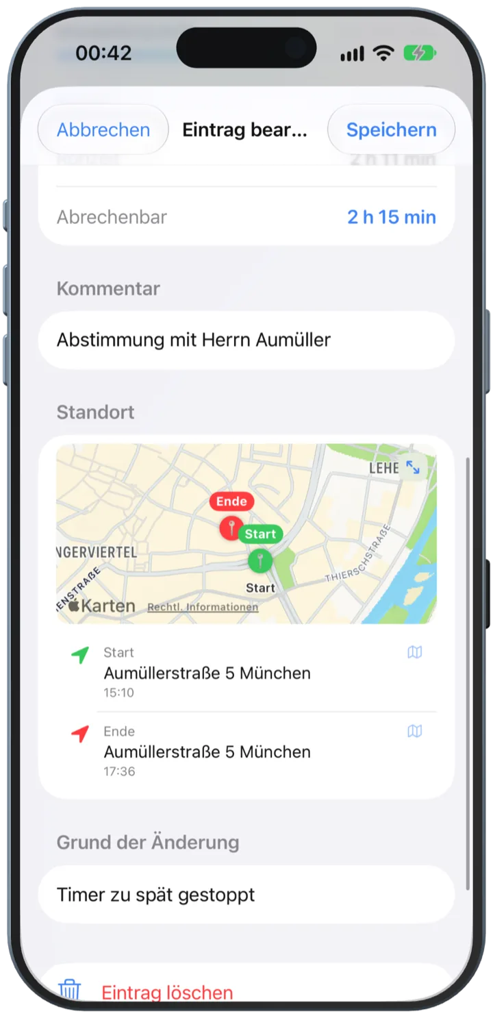 Eintrag bearbeiten mit Kommentar, Karte mit Start- und Ende-Pin und den Adressen