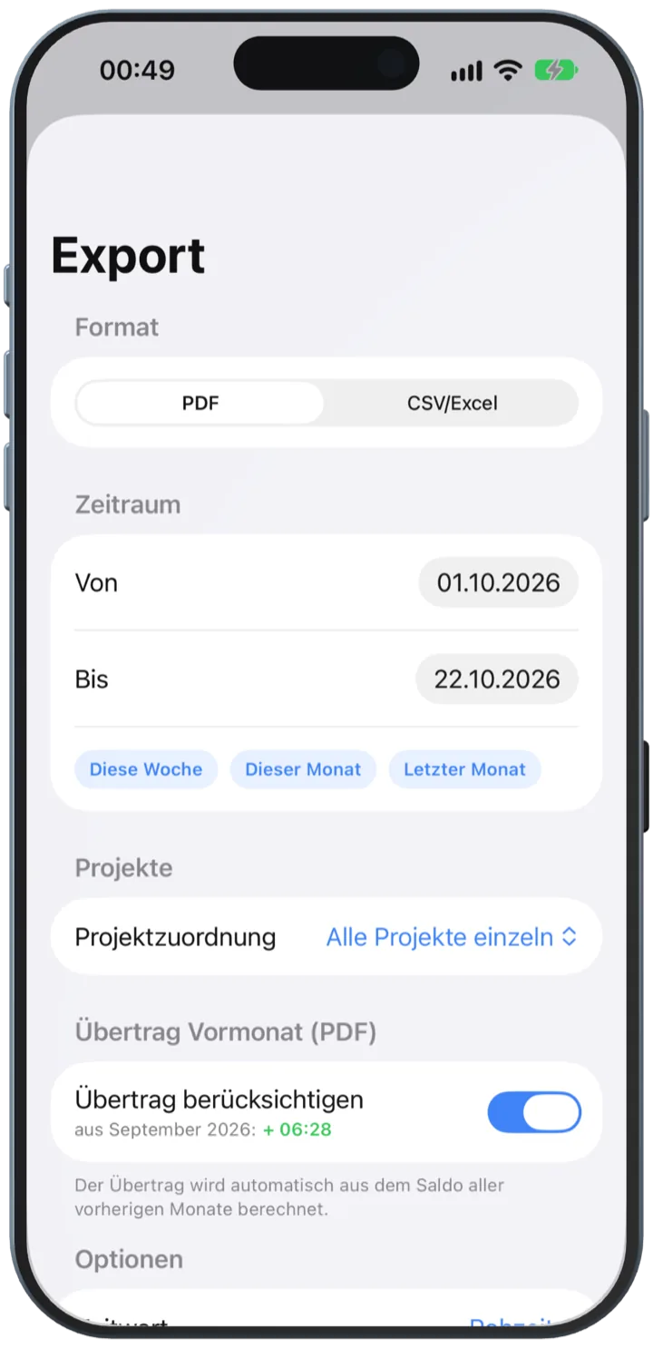 Export mit Format PDF oder CSV, Zeitraum, Projektzuordnung und Übertrag aus dem Vormonat