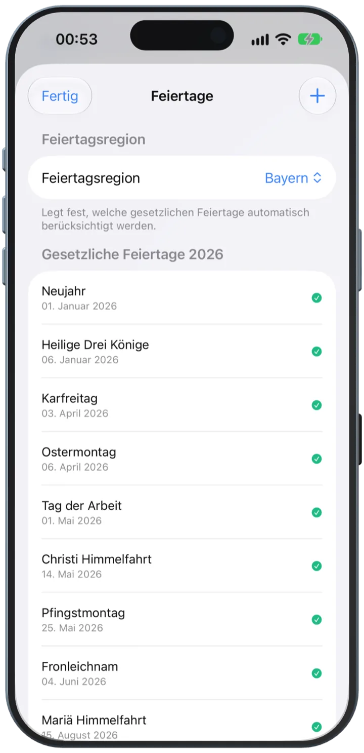 Feiertage mit gewählter Region Bayern und der Liste der gesetzlichen Feiertage