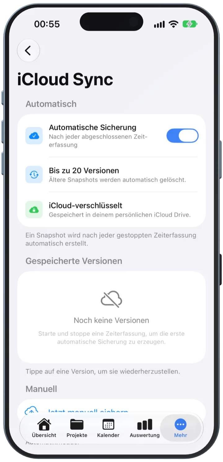 iCloud-Sicherung mit automatischer Sicherung nach jeder Zeiterfassung und bis zu 20 Versionen