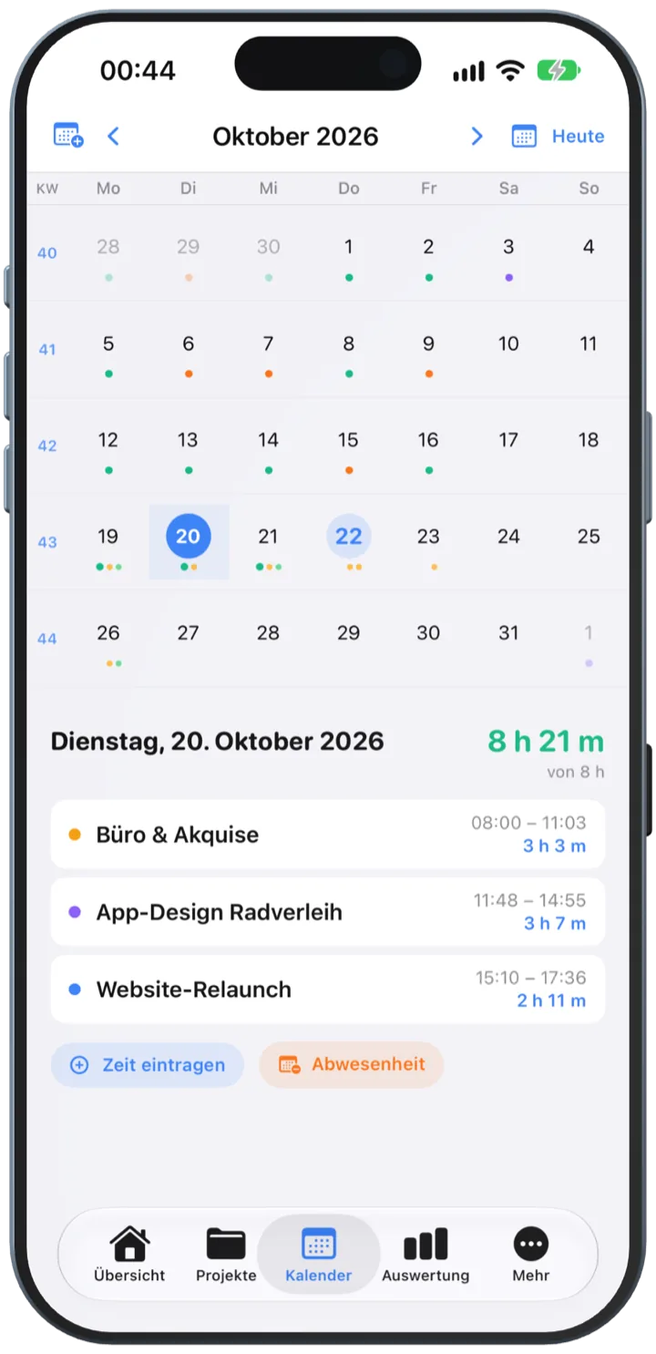 Monatsansicht mit Statuspunkten und dem Tagesdetail eines Tages
