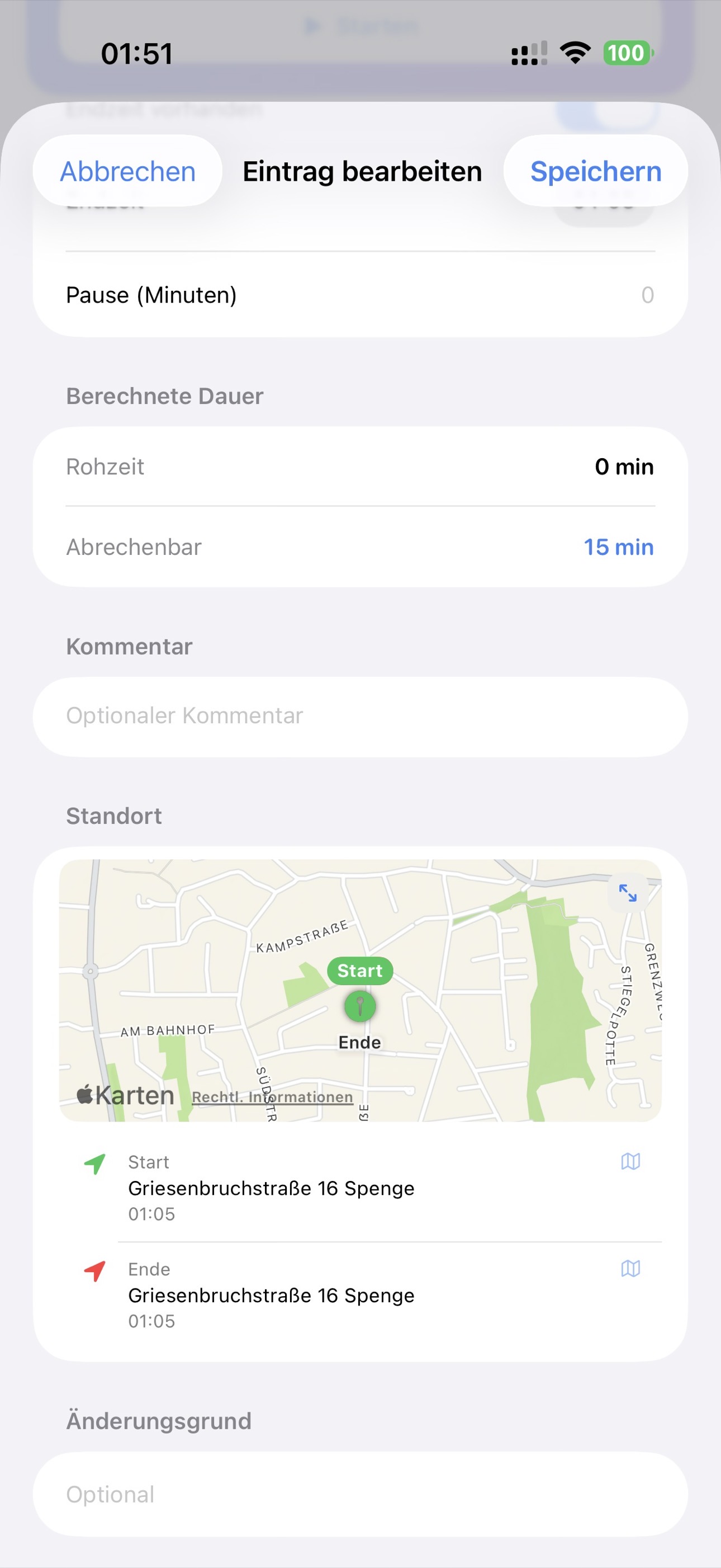 Timenor Buchungsdetail mit Standorterfassung und Karte