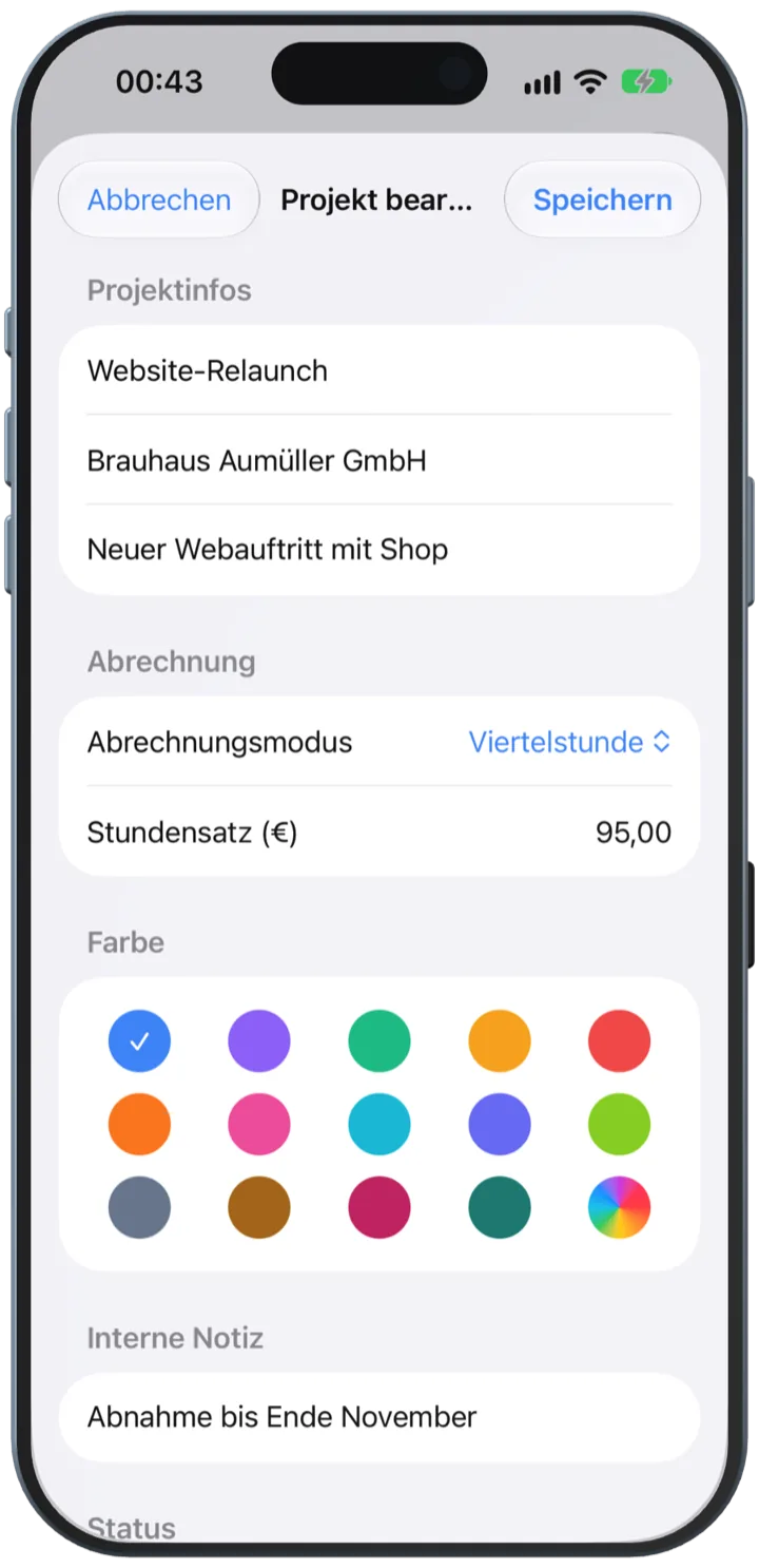 Projekt bearbeiten mit Kunde, Abrechnungsmodus Viertelstunde, Stundensatz und Farbwahl