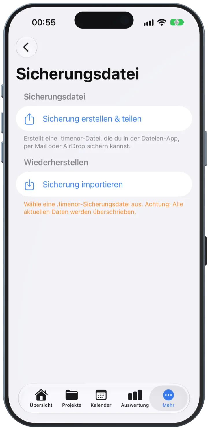 Sicherungsdatei erstellen und teilen oder eine Sicherung importieren