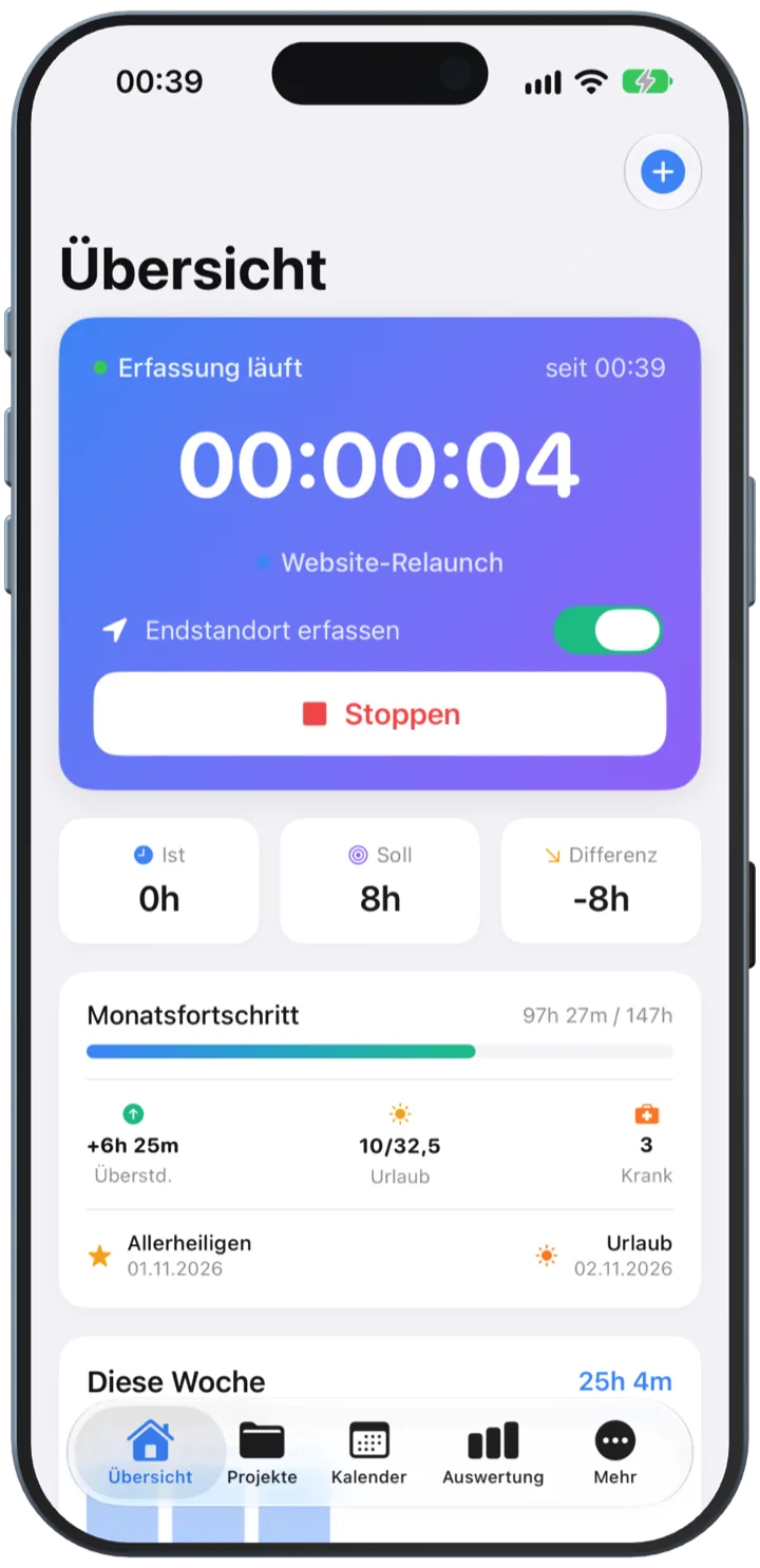 Laufender Timer mit „Erfassung läuft“, Startzeit und Stoppen-Knopf