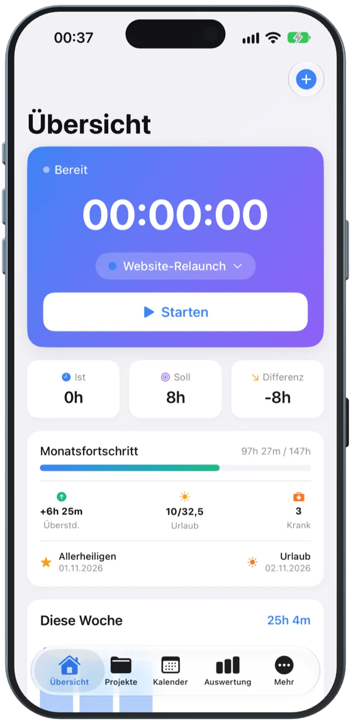 Timenor-Übersicht: Timer-Karte im Verlauf Blau nach Violett, darunter Ist, Soll, Differenz und Monatsfortschritt