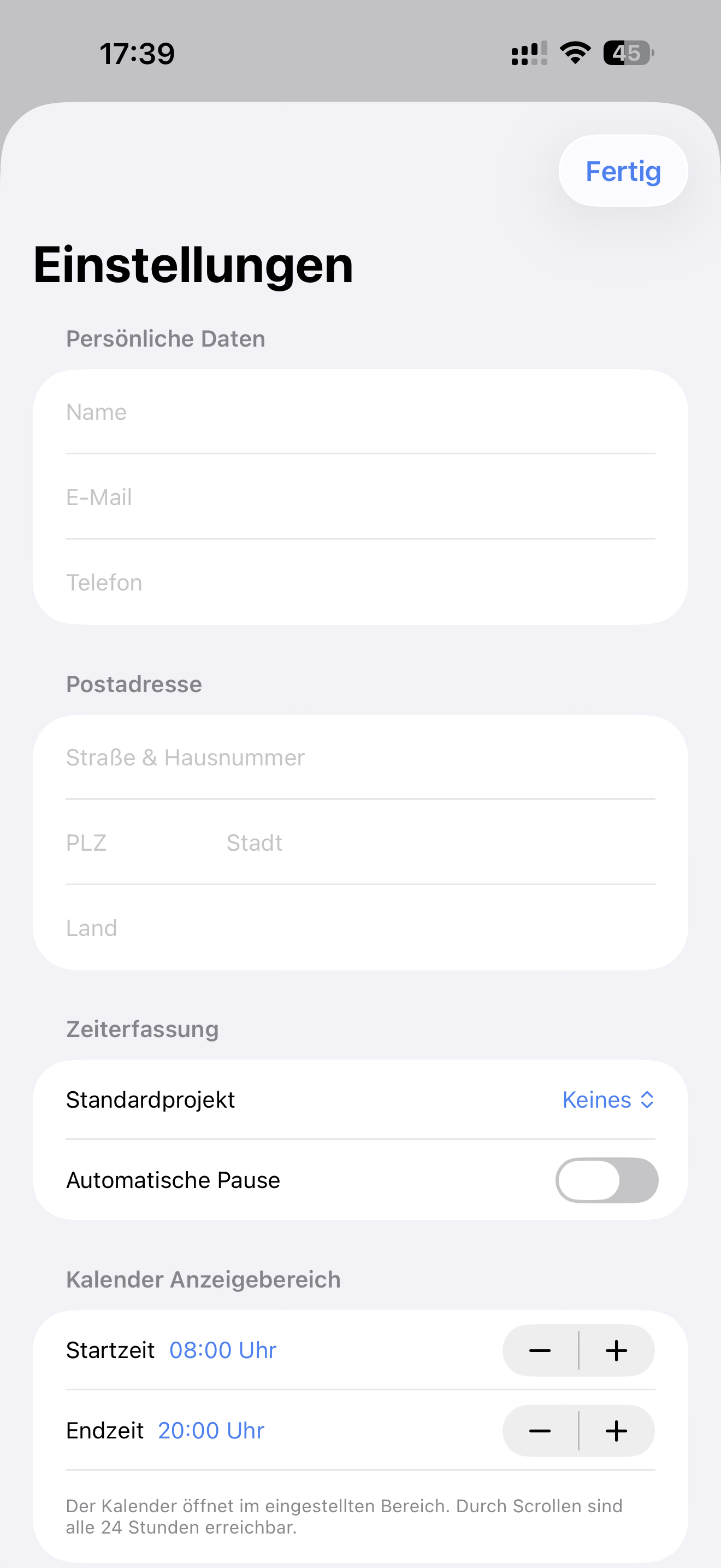 Timenor Detail-Einstellungen
